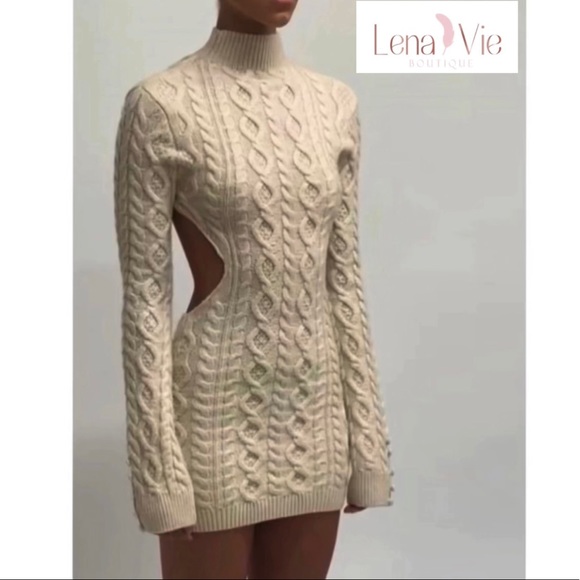 Lena Vie Dreamy Cable Knit Cream Open Back Sweater Dress, Miranda Knit Mini - Picture 4 of 16